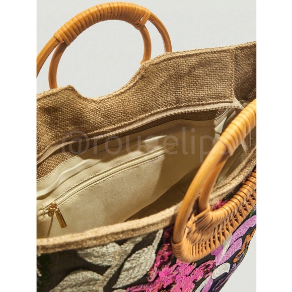 Sequined Floral Decorated Straw Tote Bag Bamboo Handle - Picture 11 of 13